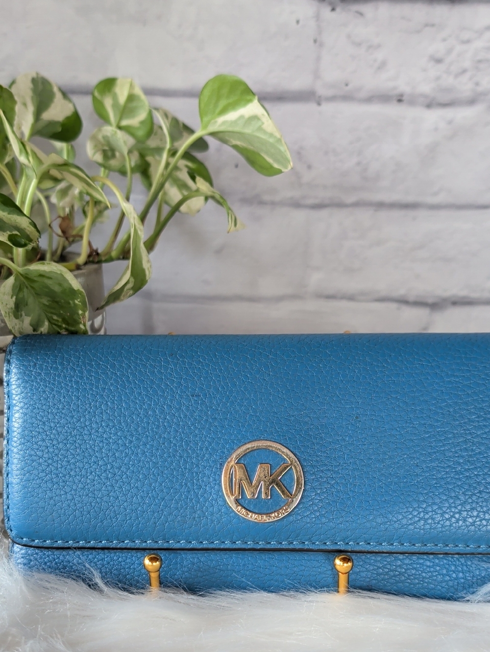Michael Kors Blue Pebbled Leather Continental Wallet with Gold Hardware